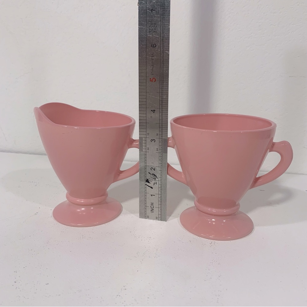 HAZEL-ATLAS Ovide Platonite Pink Cream & Sugar Set Vintage Pink Milk Glass - Picture 11 of 11